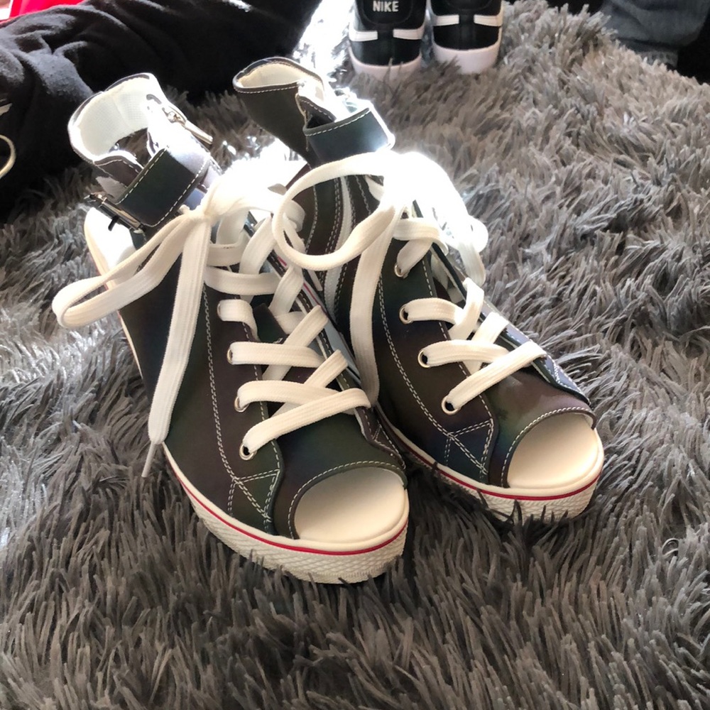 Iridescent peep toe sneaker wedge